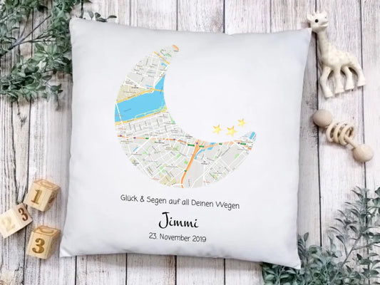 Geburtsgeschenk & Taufgeschenk | Babykissen Geschenk | Babygeschenk Kissen im Koordinaten Stadtkarte Design | Kinderkissen