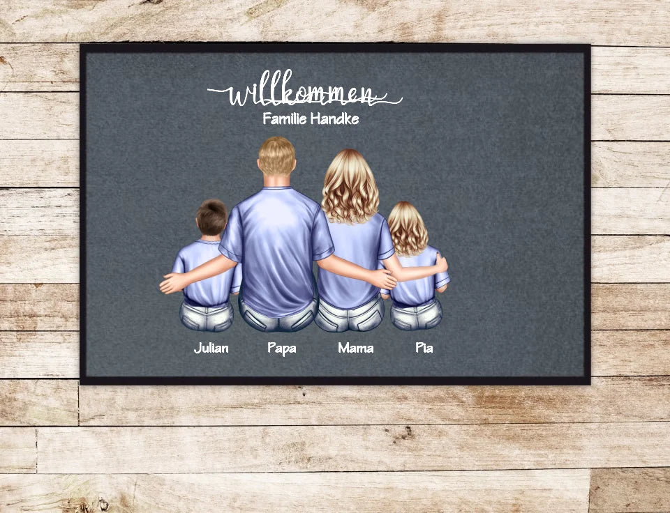 Geschenk Familie | Personalisierte Fußmatte Familie Mama | Papa, 2 Kindern mit Name | Dekofußmatte