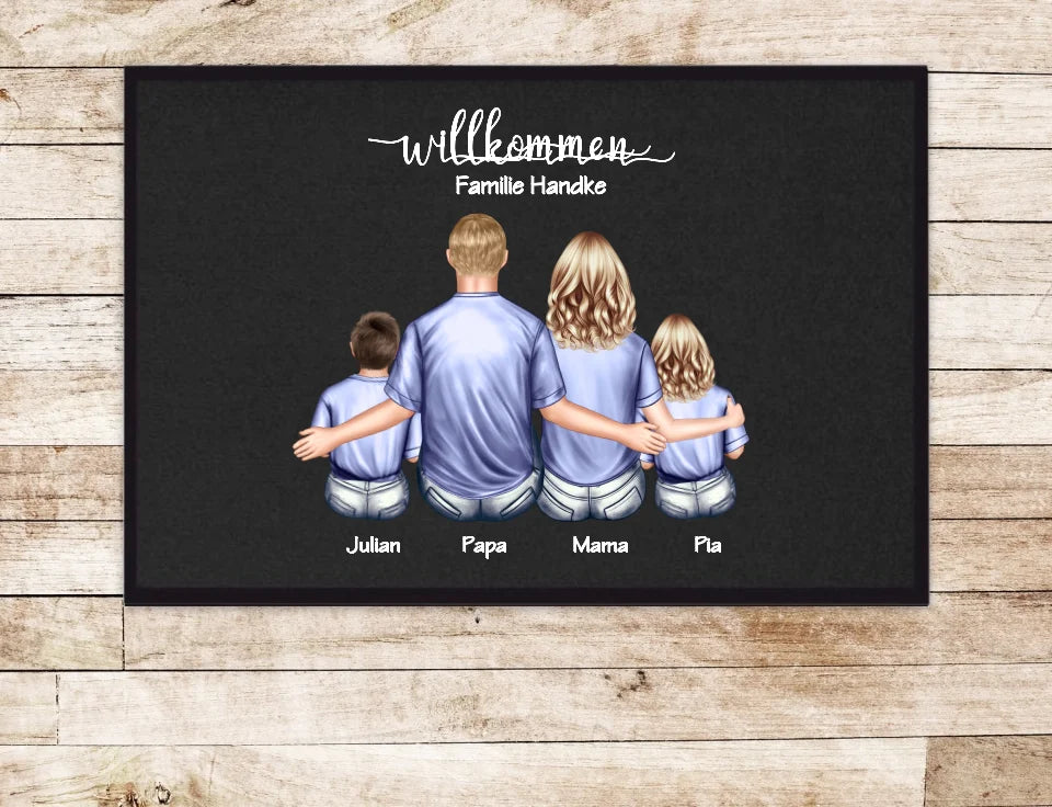 Geschenk Familie | Personalisierte Fußmatte Familie Mama | Papa, 2 Kindern mit Name | Dekofußmatte