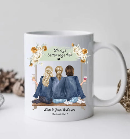Geschenk 3 beste Freundinnen auf der Schaukel personalisierte Tasse mit Spruch, Geburtstagsgeschenk