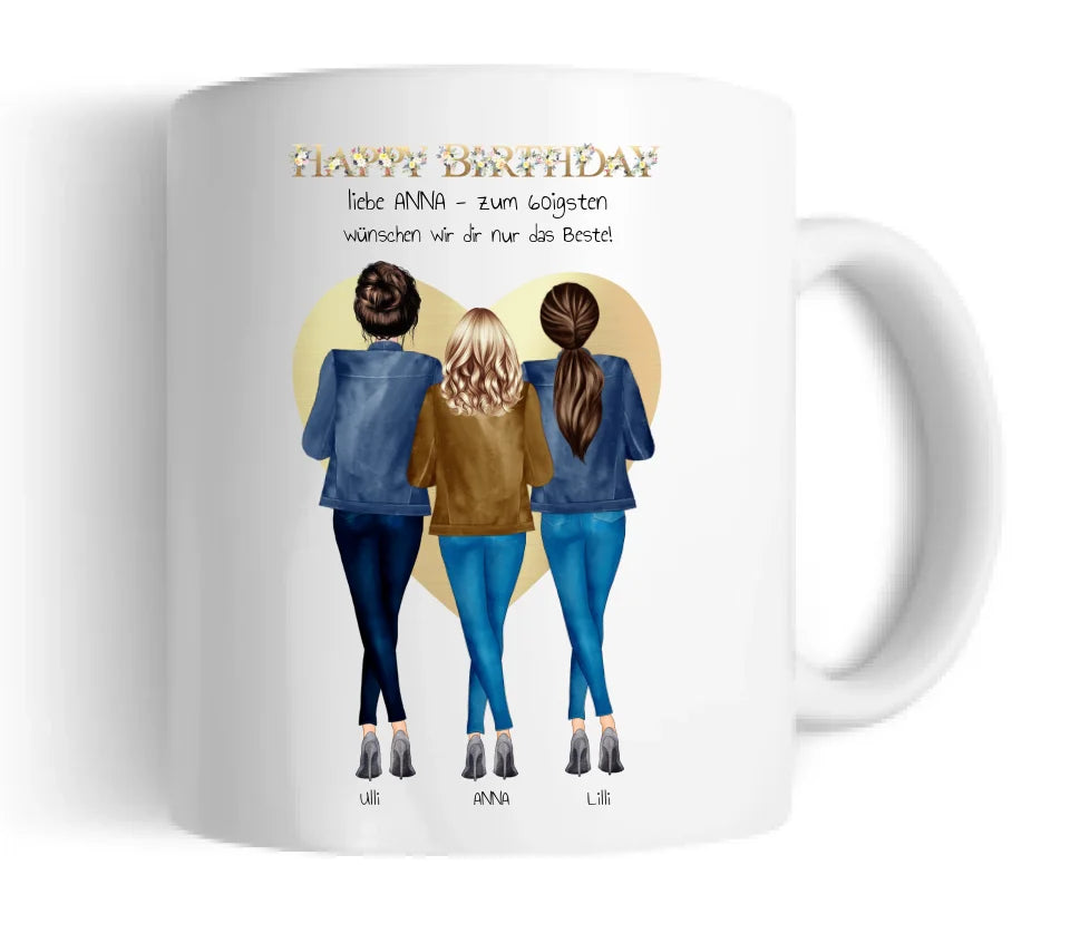 60 Geburtstag Freundin Geschenk | Personalisiertes Tasse Happy Birthday mit 3 Freundinnen | Geschenk Schwester | Kollegin | Mama