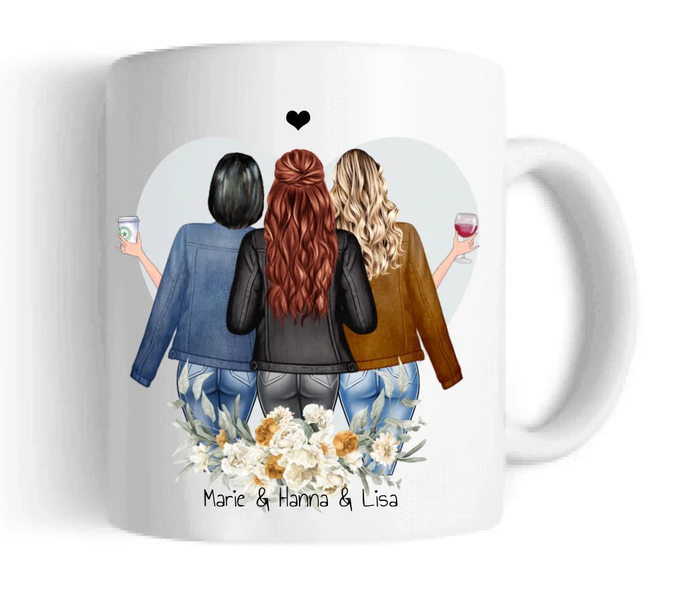 3 Beste Freundinnen Tasse mit Spruch, Personalisierte Kaffeebecher, Geschenk Familie, Schwester, Kollegin, Tassendruck