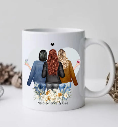 3 Beste Freundinnen Tasse mit Spruch, Personalisierte Kaffeebecher, Geschenk Familie, Schwester, Kollegin, Tassendruck