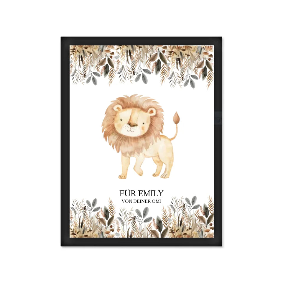 Personalisiertes Kinderkissen mit Namen Mädchen / Junge Dschungeltiere - Dekokissen Gerahmtes Poster schwarz Holzflair Schwarz