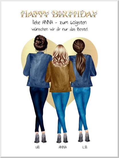 50 oder 60. Geburtstag Bild Geschenk 3 Freundinnen | Geschenk Schwester | Kollegin | Mama Leinwanddruck Leinwandbild
