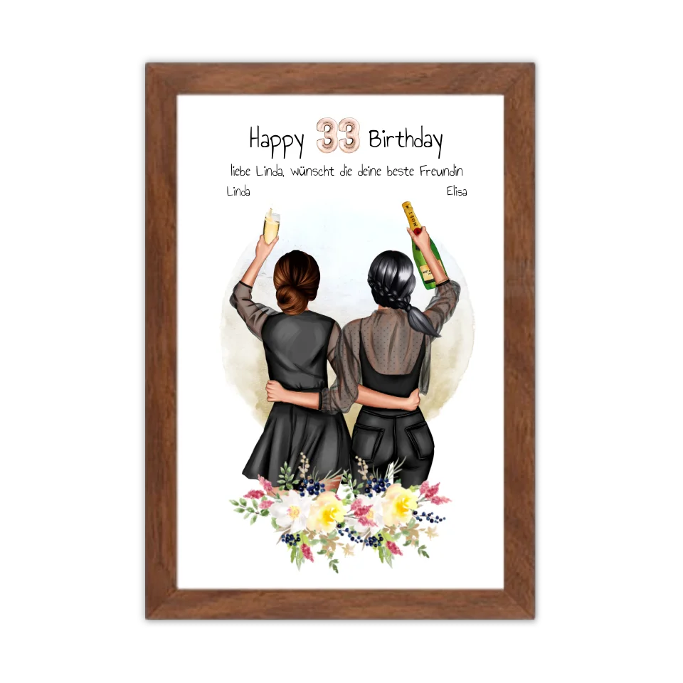 Geschenk für beste Freundin 21. Geburtstag – Personalisiertes Poster Bild mit 2 Freundinnen