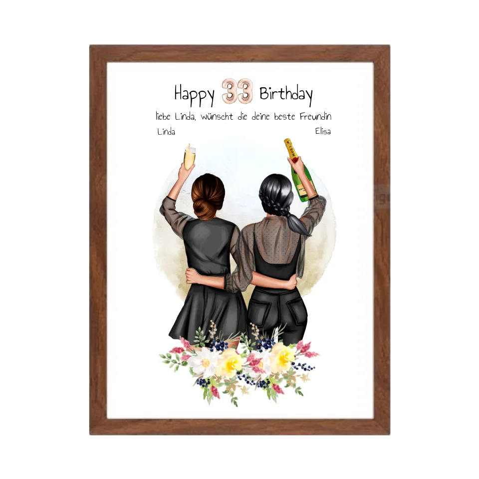 Geschenk für beste Freundin 21. Geburtstag – Personalisiertes Poster Bild mit 2 Freundinnen