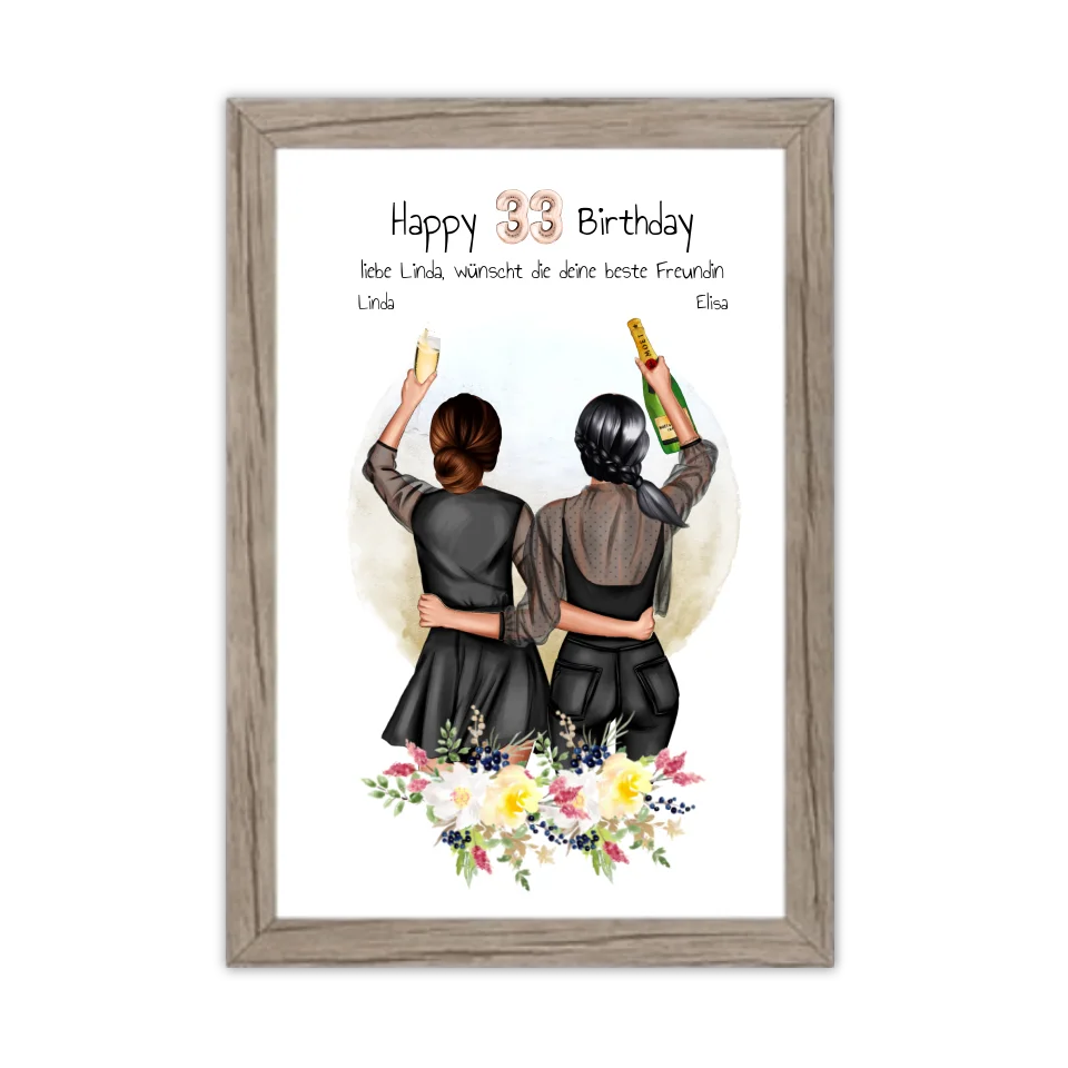 Geschenk für beste Freundin 21. Geburtstag – Personalisiertes Poster Bild mit 2 Freundinnen