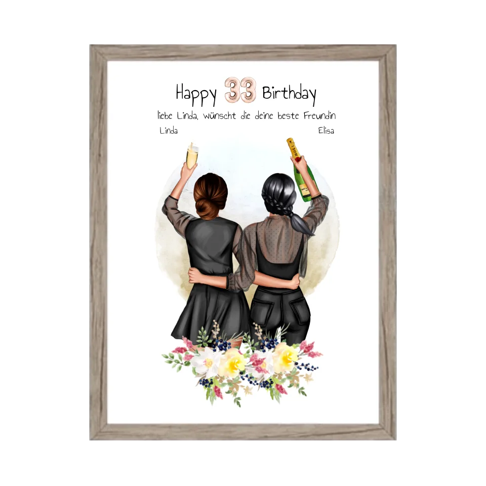 Geschenk für beste Freundin 21. Geburtstag – Personalisiertes Poster Bild mit 2 Freundinnen
