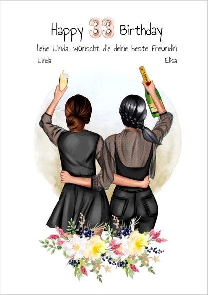 Geschenk für beste Freundin 21. Geburtstag – Personalisiertes Poster Bild mit 2 Freundinnen