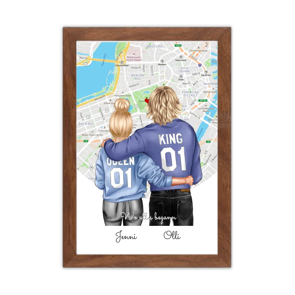 Personalisiertes Poster Geschenk für Freund / Freundin & Partnerin/Partner - Pärchen, Geschenk - Paar Bild mit Stadtkarte / Sternenkarte