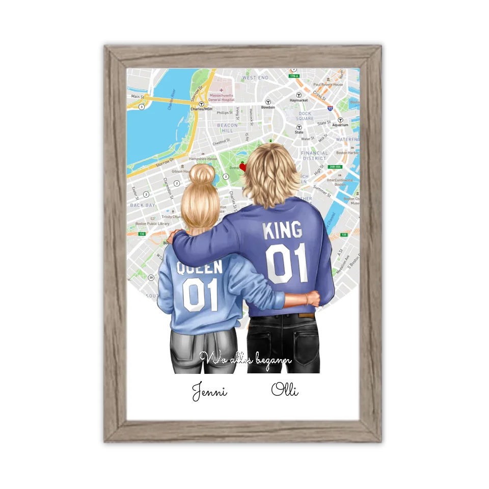 Personalisiertes Poster Geschenk für Freund / Freundin & Partnerin/Partner - Pärchen, Geschenk - Paar Bild mit Stadtkarte / Sternenkarte