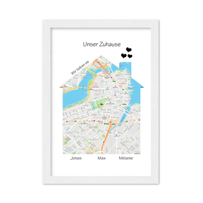 Unser Zuhause Geo Poster als Einzugsgeschenk in Wohnung, Haus