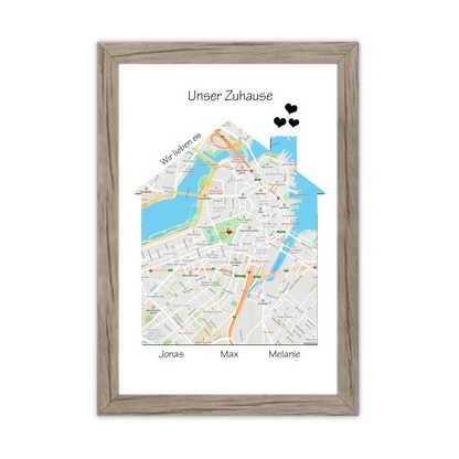 Unser Zuhause Geo Poster als Einzugsgeschenk in Wohnung, Haus