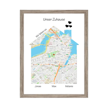 Unser Zuhause Geo Poster als Einzugsgeschenk in Wohnung, Haus