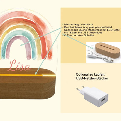 Personalisiertes Baby & Kinder LED Nachtlicht Regenbogen Gute Nacht mit Namen Geburtsgeschenk & Taufgeschenk
