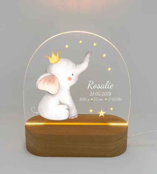 Personalisiertes Baby & Kinder LED Nachtlicht Elefant mit Geburtsdaten Geburtsgeschenk & Taufgeschenk Mädchen