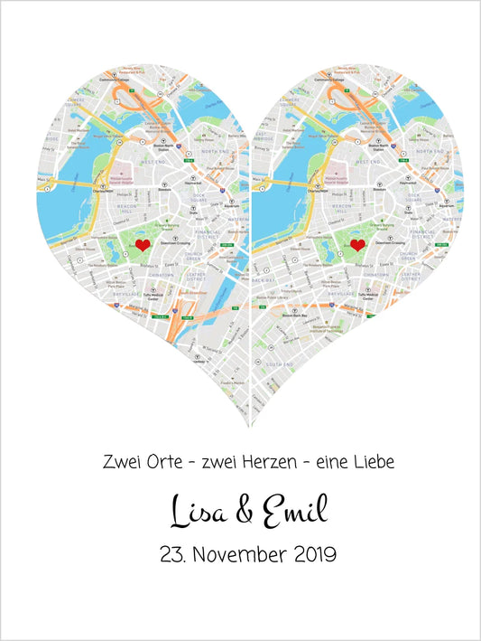 Wo alles begann Poster | Personalisierte Stadtkarte mit Herz - 2 Orte, ein Herz -Kennenlernorte - Städtekarte - Hochzeitsgeschenk-Hochzeitstag Geschenk- Glückwünsche-Hochzeitswünsche