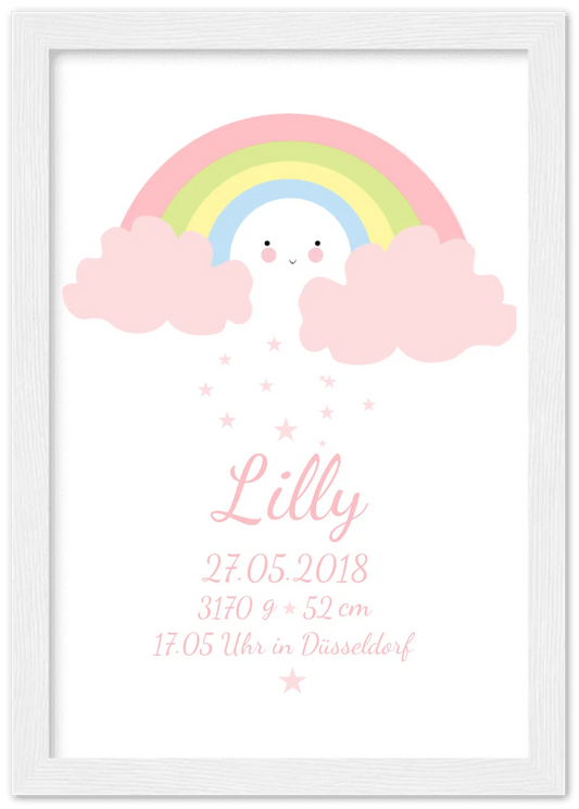 Personalisiertes Regenbogenposter - Babyposter + Geburtsanzeige Premium Matte Paper Wooden Framed Poster - White - Vertical Gerahmtes Poster A4 21x29.7 cm