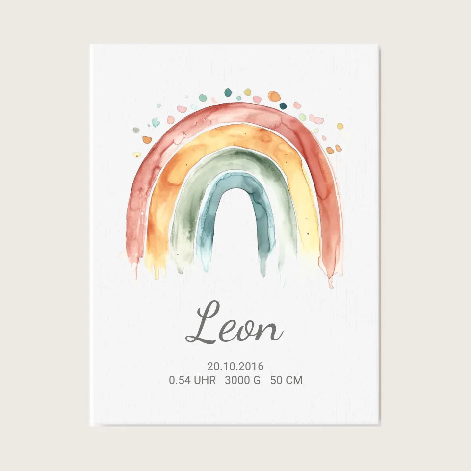 Personalisiertes Poster Geschenk zur Geburt und Taufe | Regenbogen Geburtsanzeige & Taufgeschenk Leinwanddruck Leinwandbild