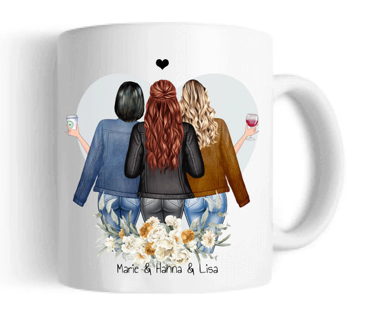 3 Beste Freundinnen Tasse mit Spruch, Personalisierte Kaffeebecher, Geschenk Familie, Schwester, Kollegin, Tassendruck