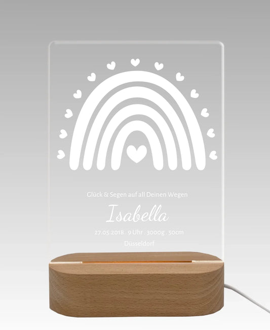 Personalisiertes Acryl Nachtlicht für Babys | Geburtsanzeige Regenbogen Geschenk zur Geburt & Taufe weiß