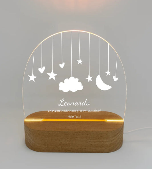 Geburtsanzeige personalisiert Baby LED Nachtlicht "Mond & Sterne" | Geburtsgeschenk & Taufgeschenk