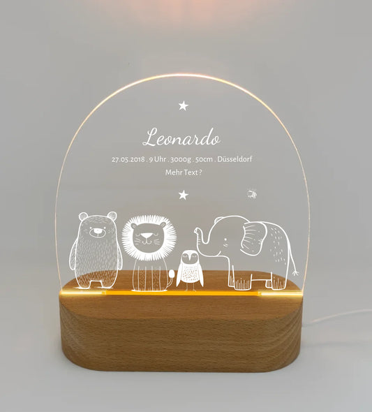 Personalisiertes Baby & Kinder LED Nachtlicht Safari Tiere mit Namen & Geburtsdaten Geburtsgeschenk & Taufgeschenk