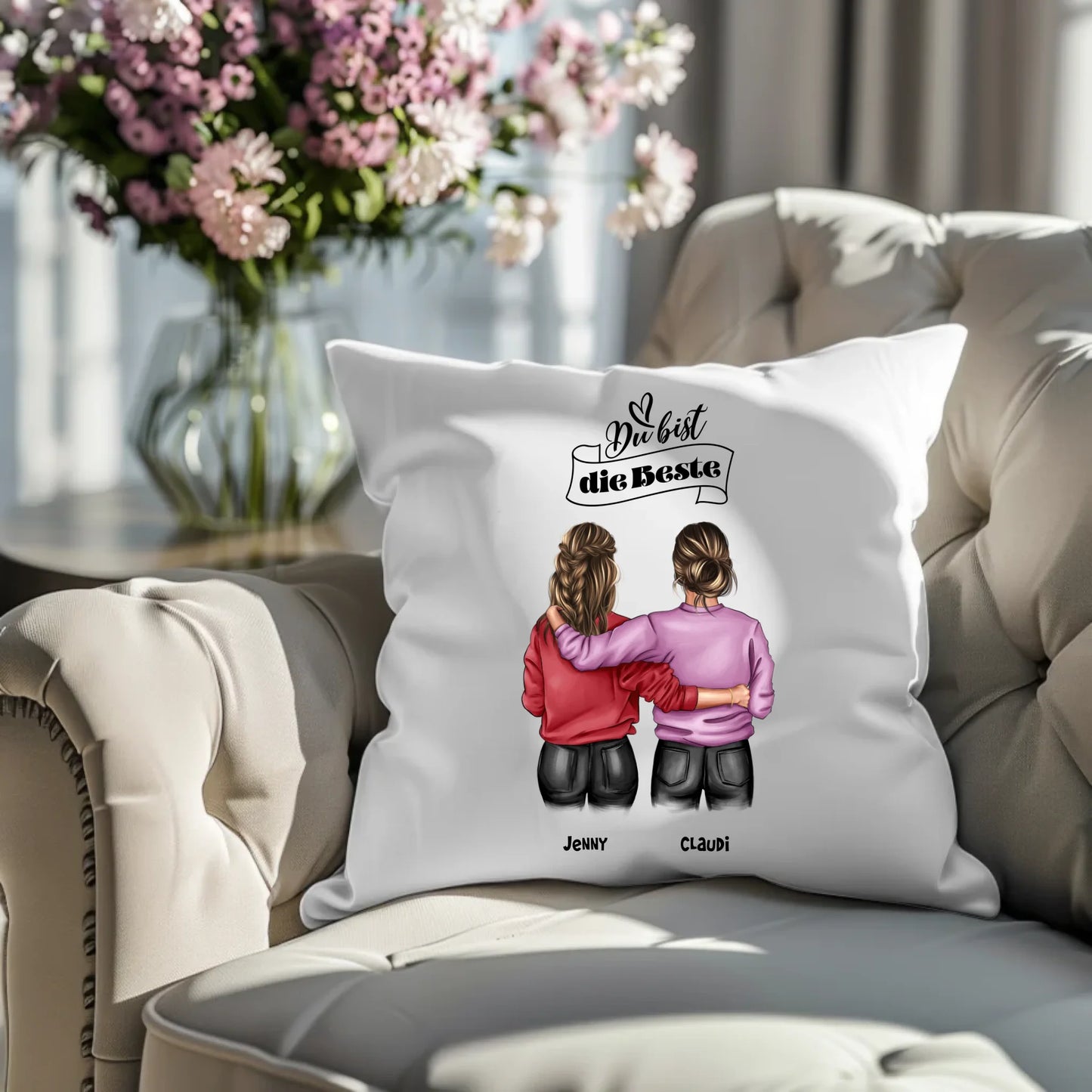 Deko Kissen mit 2 Mädchen komplett personalisierbar mit Namen und Spruch Geburtstagsgeschenk.