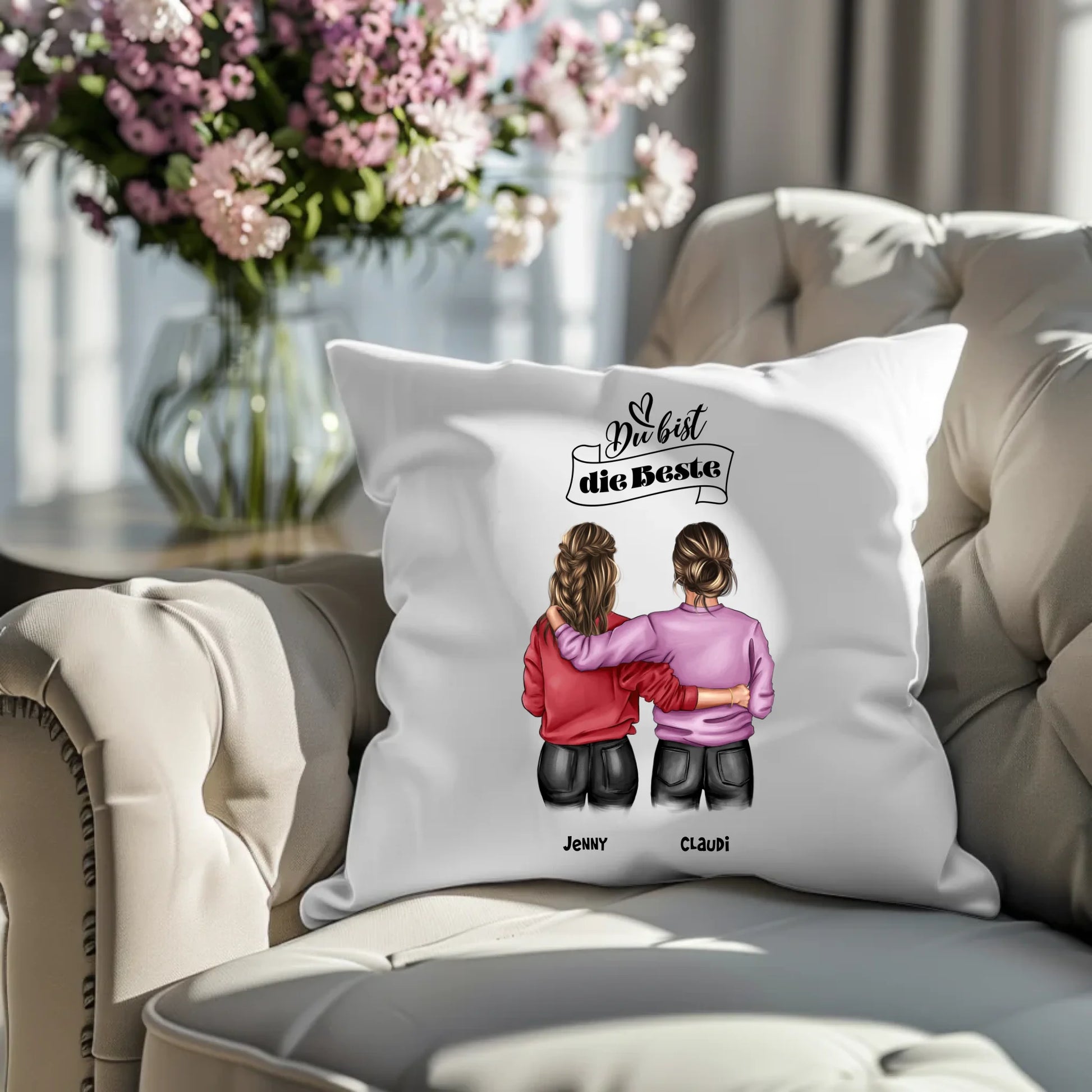 Deko Kissen mit 2 Mädchen komplett personalisierbar mit Namen und Spruch Geburtstagsgeschenk.