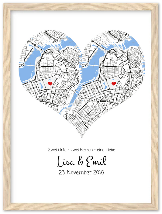 Hochzeitsgeschenk Brautpaar "Wo alles begann" Herz Koordinaten Bild | Hochzeitstag Jahrestag Valentinstag Premium Matte Paper Wooden Framed Poster - Wood - Vertical Gerahmtes Poster