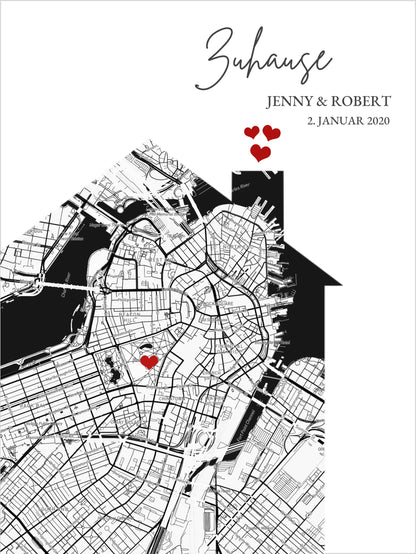 Zuhause Poster Haus personalisiertes Geschenk | Stadtkarte Einzugsgeschenk | Koordinaten Bild Richtfest