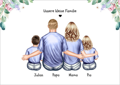 Personalisiertes Geschenk Familie Familienbild mit 2+3 Kindern Poster Poster