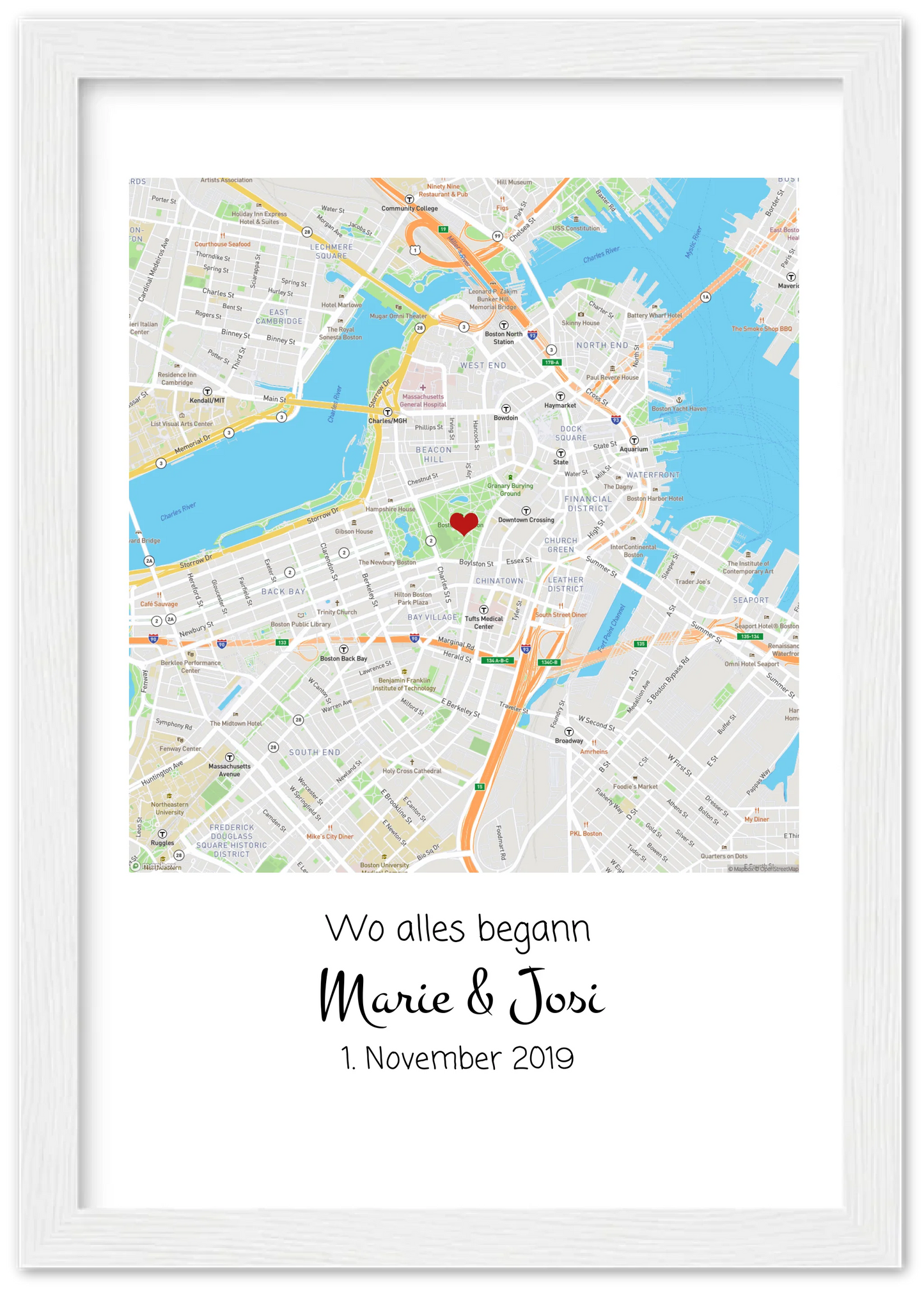 Personalisiertes Hochzeitsgeschenk "Wo alles begann" | Brautpaar Geschenk Hochzeit | Hochzeitstag Jahrestag Verlobung | Geschenk Pärchen Premium Matte Paper Wooden Framed Poster - White - Vertical Gerahmtes Poster