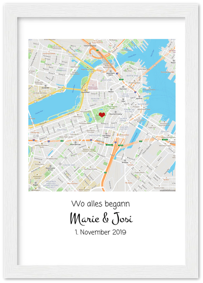 Personalisiertes Hochzeitsgeschenk "Wo alles begann" | Brautpaar Geschenk Hochzeit | Hochzeitstag Jahrestag Verlobung | Geschenk Pärchen Premium Matte Paper Wooden Framed Poster - White - Vertical Gerahmtes Poster