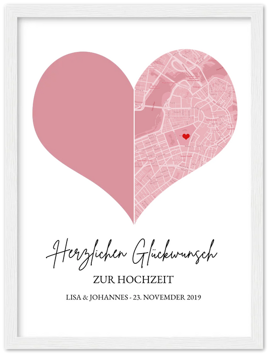Hochzeitsgeschenk Fotoposter mit Herz Stadtkarte | Koordinaten Fotoposter zur Hochzeit Premium Matte Paper Wooden Framed Poster - White - Vertical Gerahmtes Poster