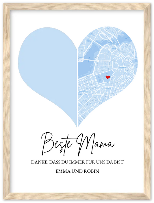 Muttertagsgeschenk für Mama mit Foto und Stadtkarte | Fotoposter Geschenk zum Muttertag Vatertag Geburtstag Premium Matte Paper Wooden Framed Poster - Wood - Vertical Gerahmtes Poster
