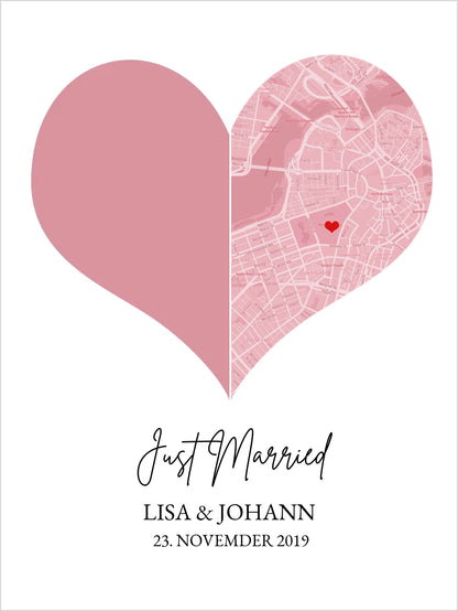 Just Married Hochzeitsposter Herz Geschenk personalisiert | Geschenk zur Hochzeit mit Foto | Fotoposer Stadtkarte Bild