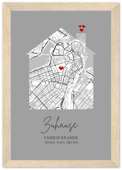 Zuhause Poster personalisiert mit Haus Motiv im Stadtkarten Design, mit Namen und Wunschtext und kleinen Herzen.