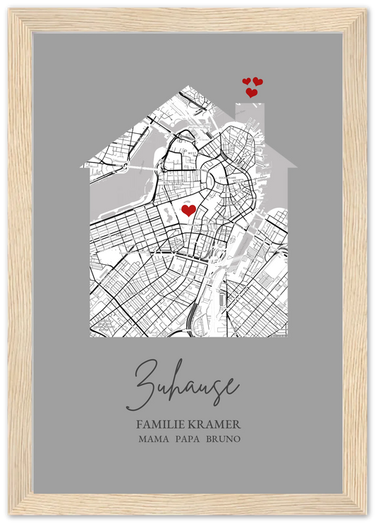 Zuhause Poster personalisiert mit Haus Motiv im Stadtkarten Design, mit Namen und Wunschtext und kleinen Herzen.