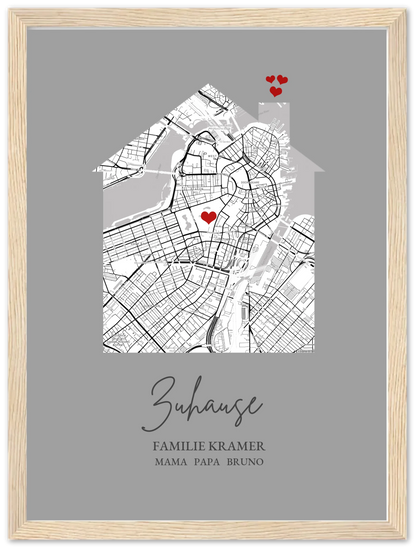 Zuhause Poster personalisiert mit Haus Motiv im Stadtkarten Design, mit Namen und Wunschtext und kleinen Herzen.