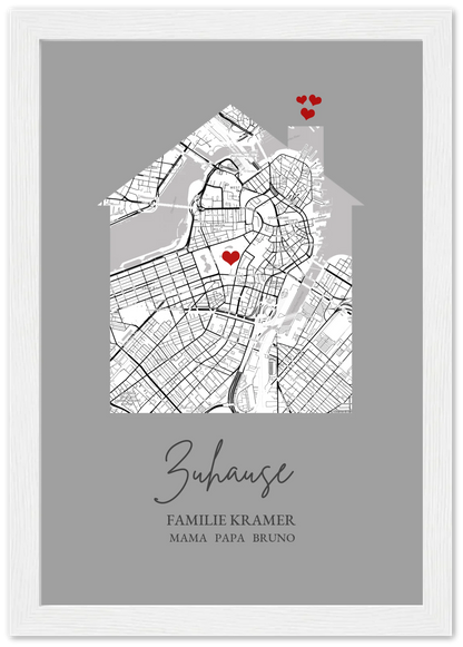 Zuhause Poster personalisiert mit Haus Motiv im Stadtkarten Design, mit Namen und Wunschtext und kleinen Herzen.