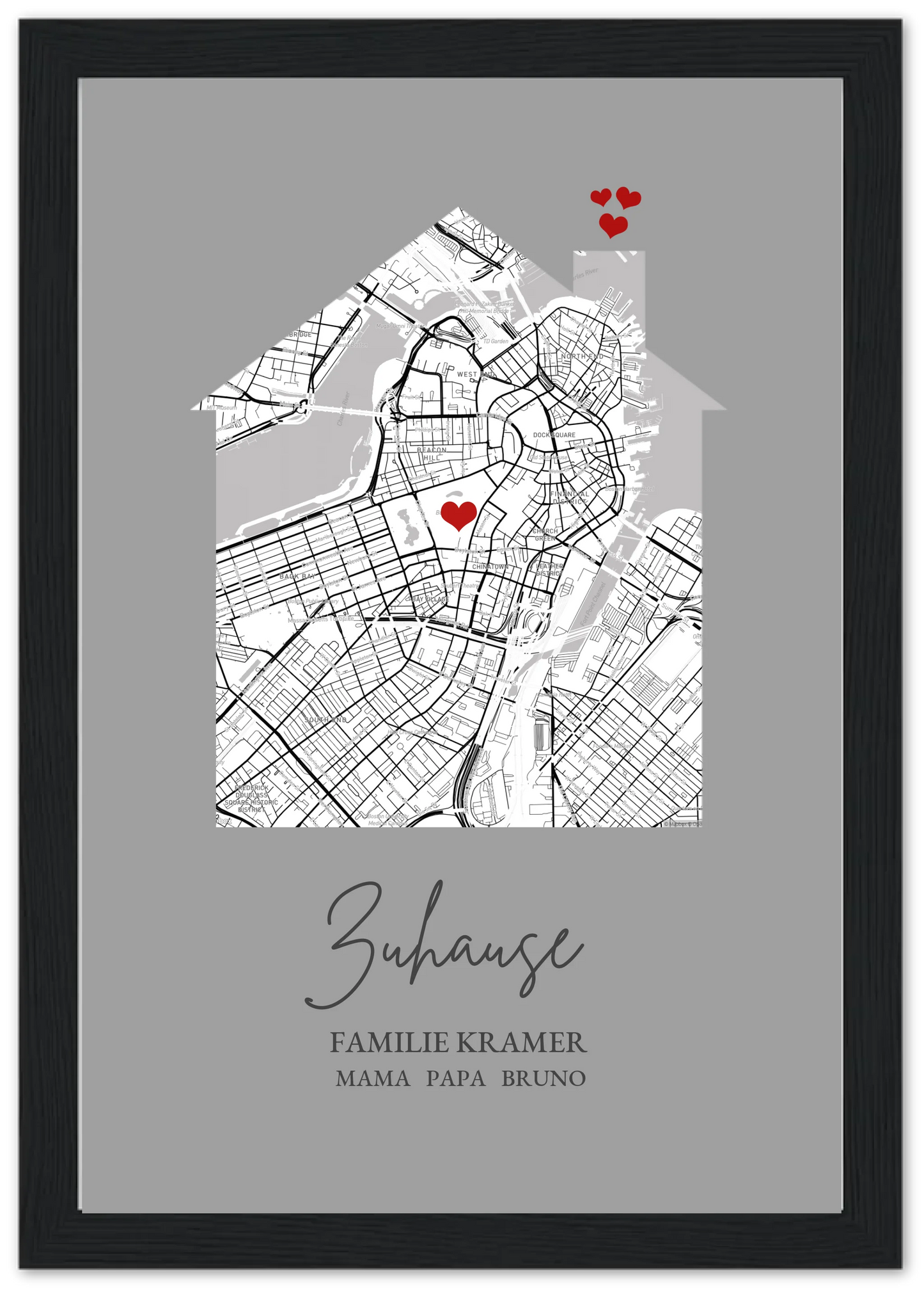 Zuhause Poster personalisiert mit Haus Motiv im Stadtkarten Design, mit Namen und Wunschtext und kleinen Herzen.