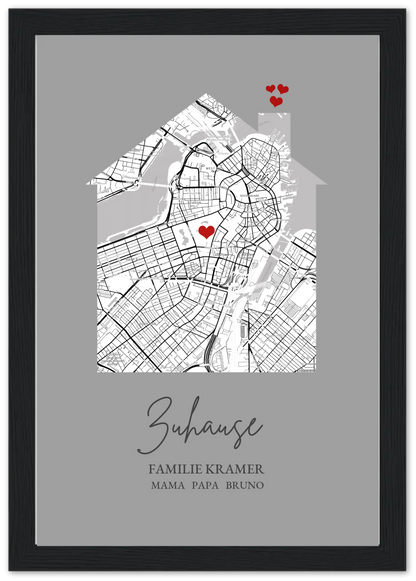 Zuhause Poster personalisiert mit Haus Motiv im Stadtkarten Design, mit Namen und Wunschtext und kleinen Herzen.