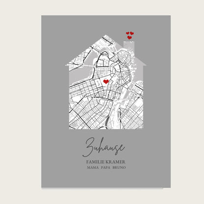 Zuhause Poster personalisiert mit Haus Motiv im Stadtkarten Design, mit Namen und Wunschtext und kleinen Herzen.