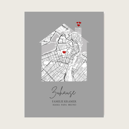 Zuhause Poster personalisiert mit Haus Motiv im Stadtkarten Design, mit Namen und Wunschtext und kleinen Herzen.