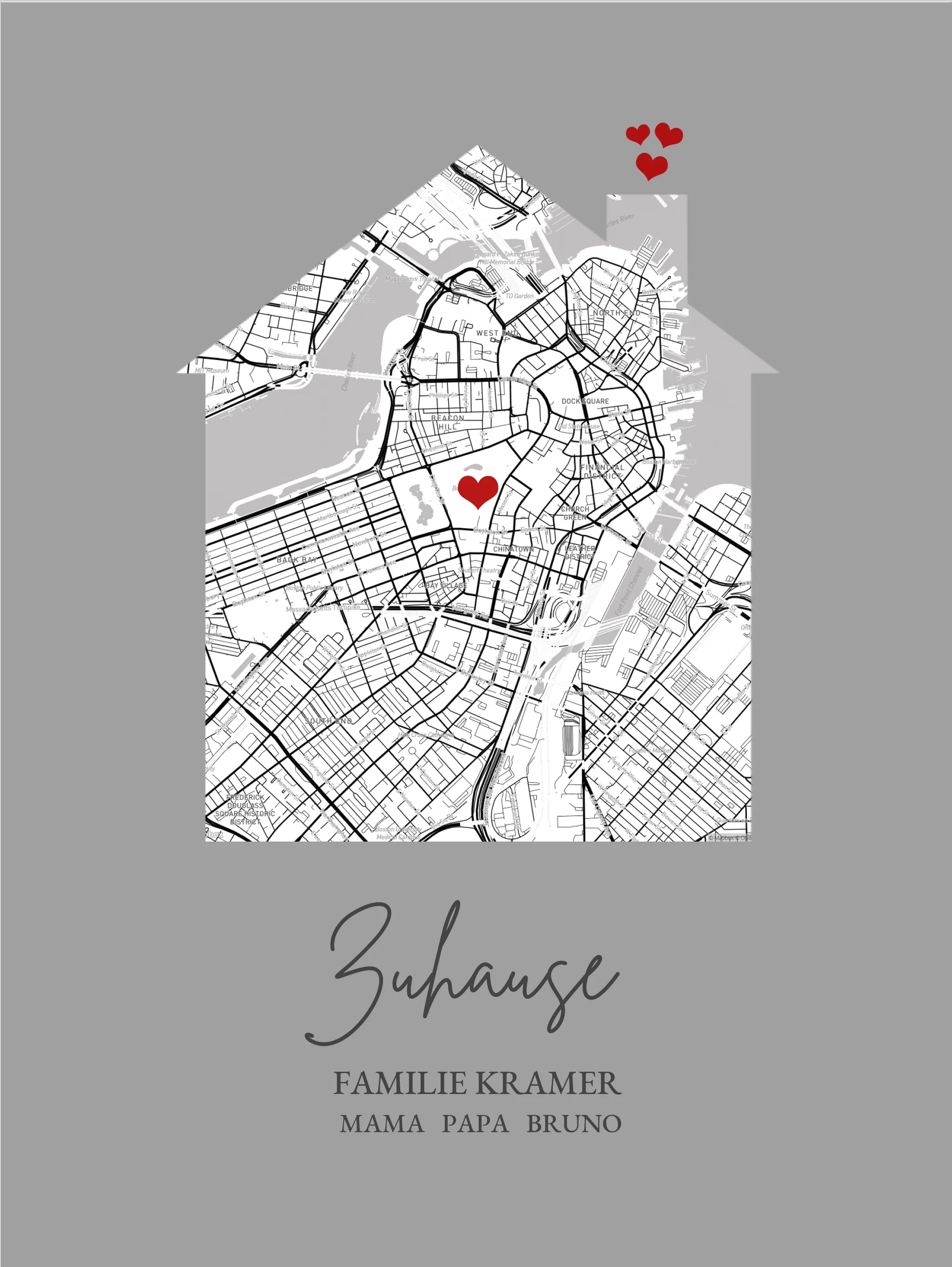 Zuhause Poster personalisiert mit Haus Motiv im Stadtkarten Design, mit Namen und Wunschtext und kleinen Herzen.