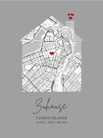 Zuhause Poster personalisiert mit Haus Motiv im Stadtkarten Design, mit Namen und Wunschtext und kleinen Herzen.