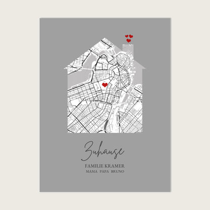 Zuhause Poster personalisiert mit Haus Motiv im Stadtkarten Design, mit Namen und Wunschtext und kleinen Herzen.