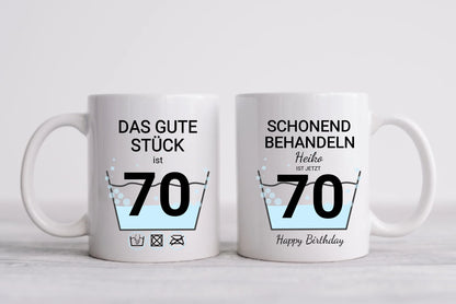 Geburtstageschenk personalisierte Tasse -  70 Jahre Schonend behandeln - das gut Stück ist 18mit Geburtstagszahl und Namenpersonalisiert. Geschenkidee Geburtstag 